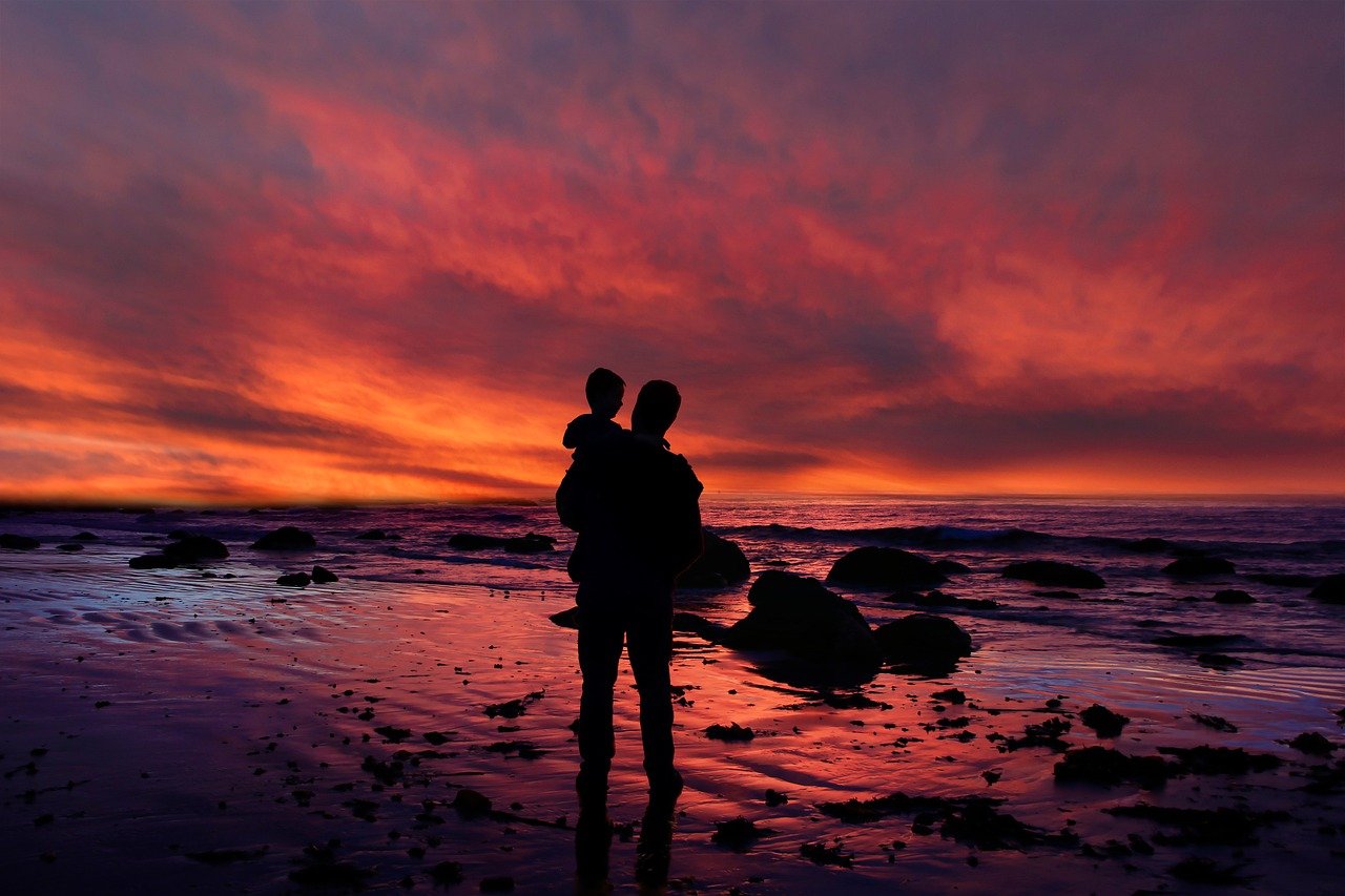 fantasy, love, sea, darling, clouds, dad, child, rocks, beach, nature, sunset